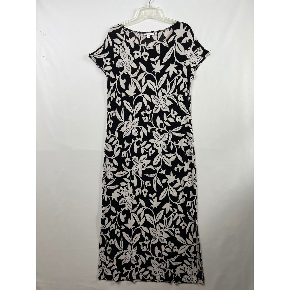 Chico's Maxi Dress Women 1 M Black White Floral Short Sleeve Scoop Neck Column